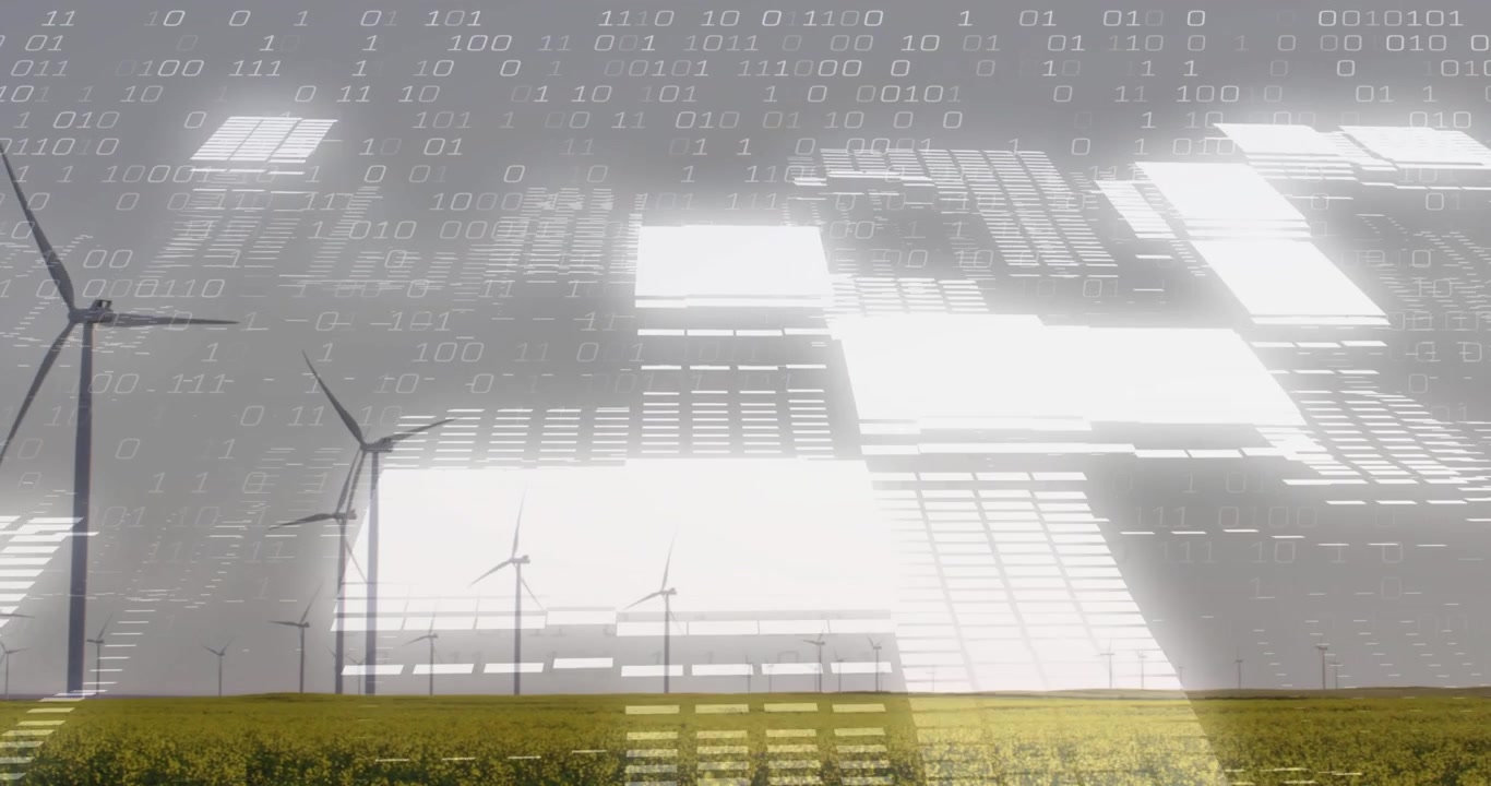 Pannelli luminosi che si materializzano sopra un parco eolico, scendendo per formare una griglia di codice binario che traccia l'energia