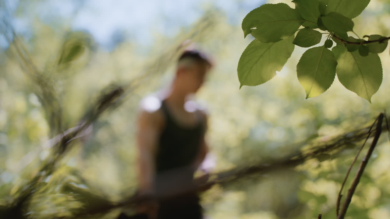 Foggy view of tourist pulling off gloves while leaning against tree trunk, facing branch tip in blurred forest backdrop with dappled sunlight filtering through dense green leaves for serene forest