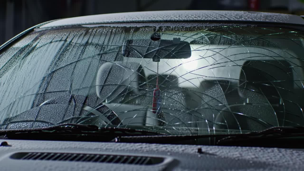 Shattered Windshield Reflects Rain at Night in Urban Setting With Blurred Lights