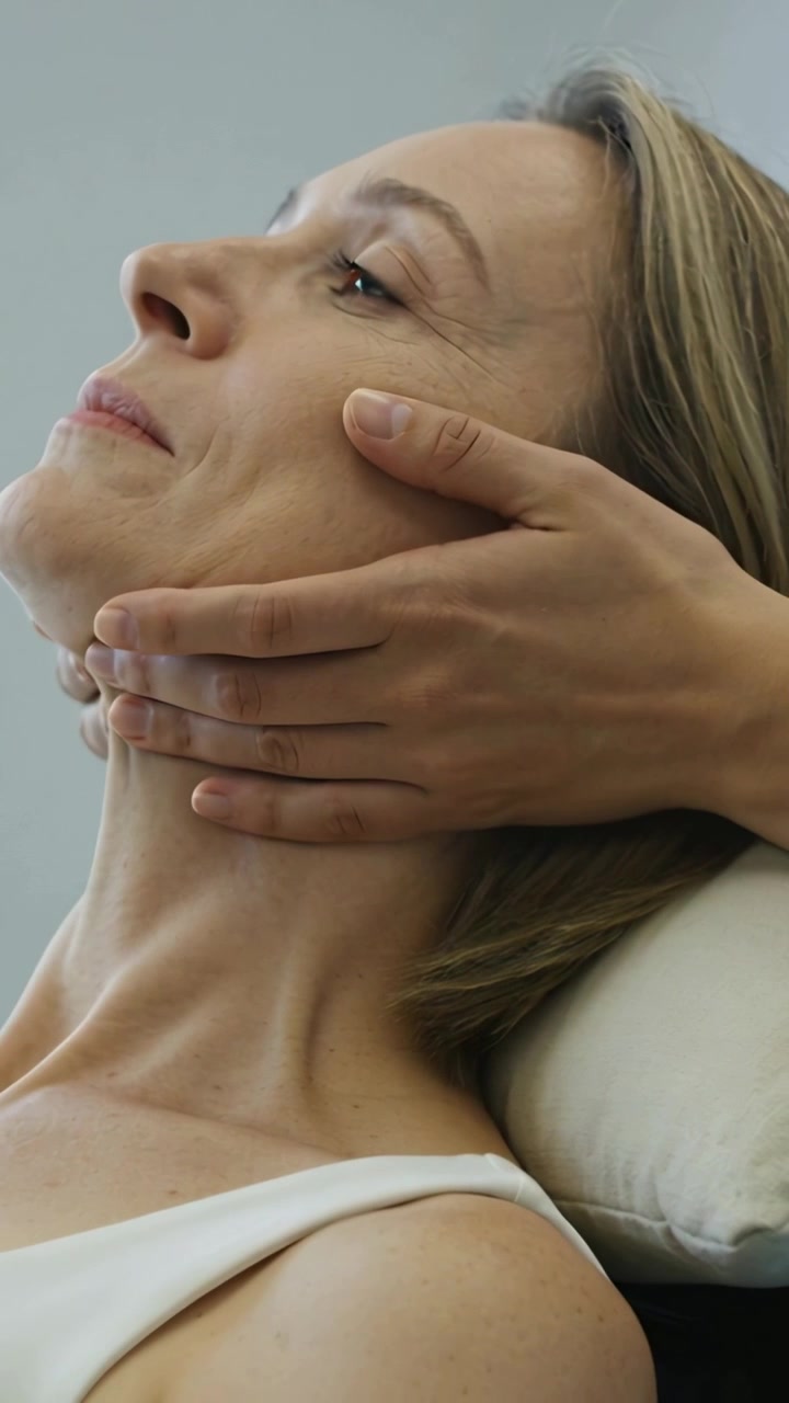Video verticale: Mani del professionista che sorreggono la mascella e il collo del cliente su un poggiatesta in una spa, alleviando la tensione.
