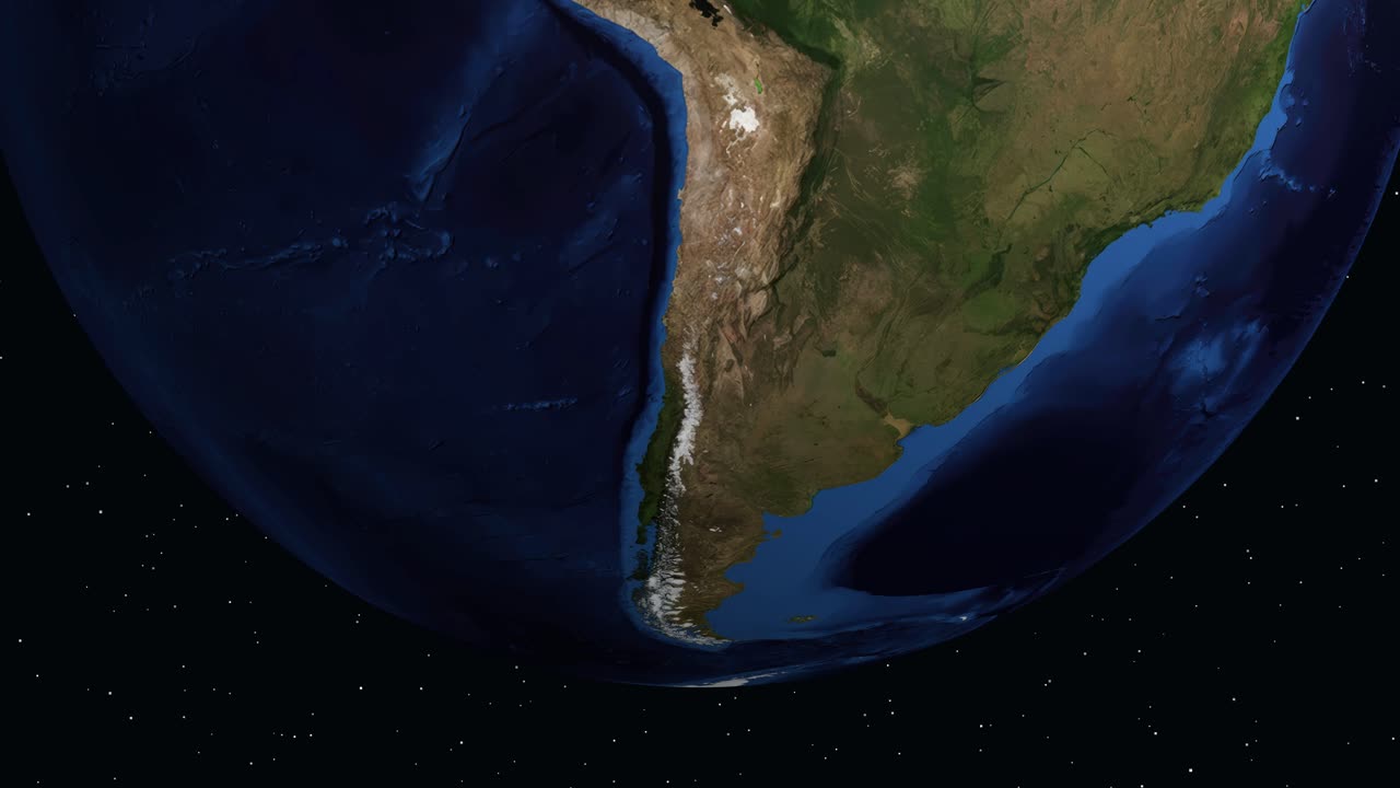 Digital animation zooms from space into Santiago Chile with geographic coordinates and location marker