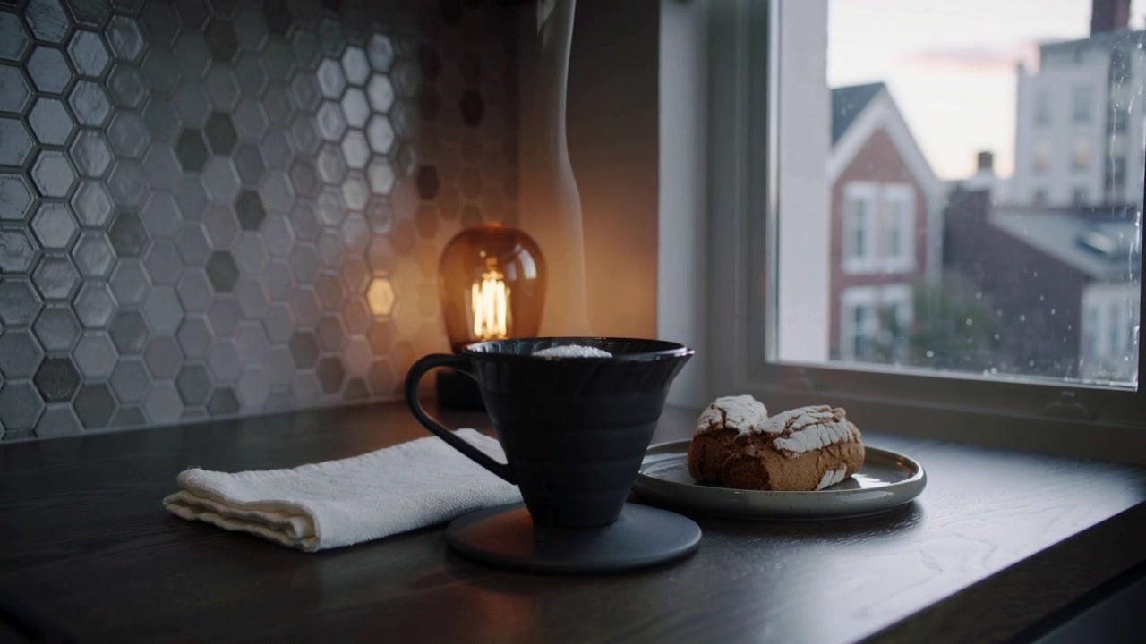 Desprendiendo vapor en espiral, una taza de cerámica oscura sobre un posavasos enfriándose junto a la ventana de la cocina, un pastel y una lámpara ámbar.