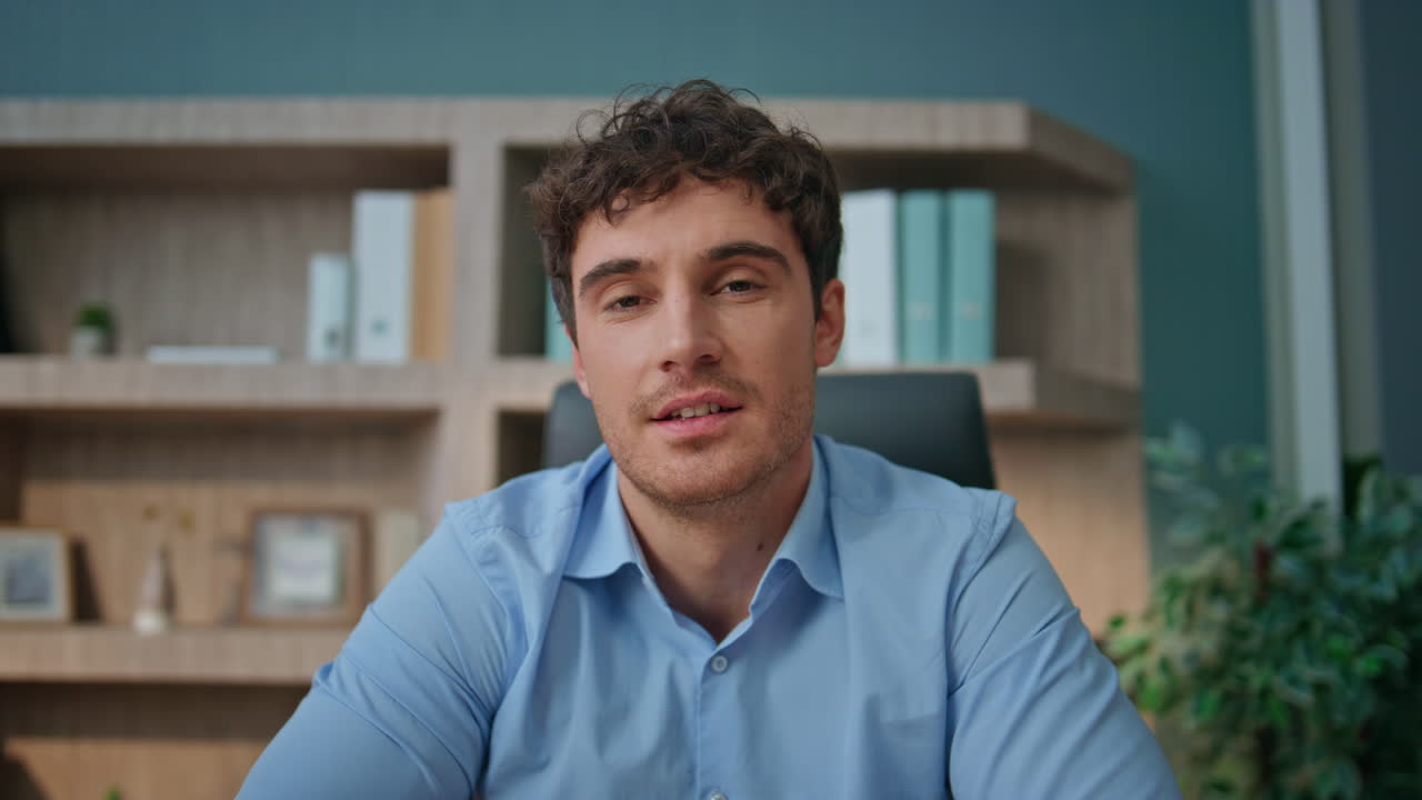 Executive talking video conference pov view. Closeup manager listening partner