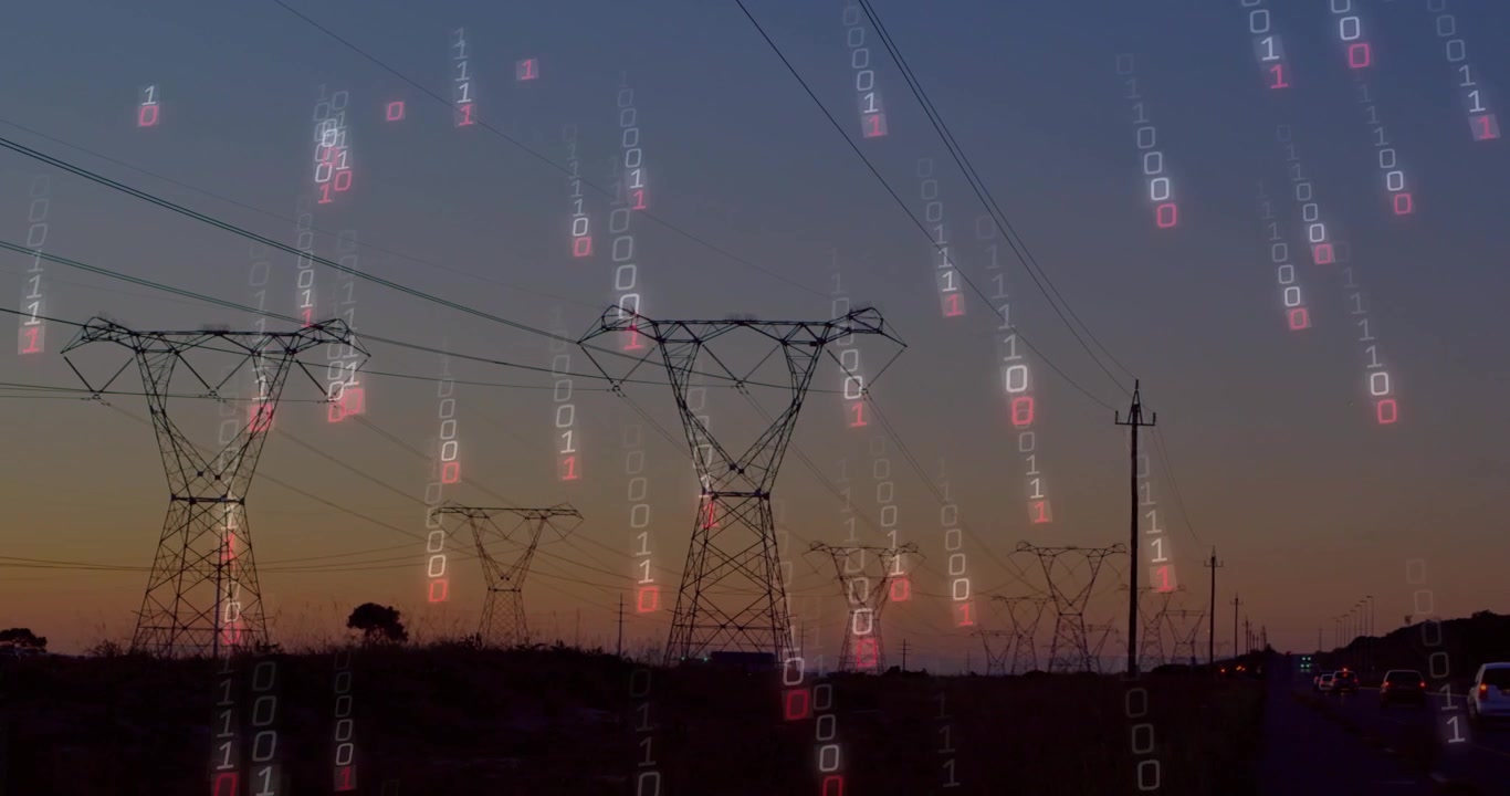 夕暮れの道沿いに並ぶ高圧送電線鉄塔、空から現れエネルギーデータフローとして降下する光る数字
