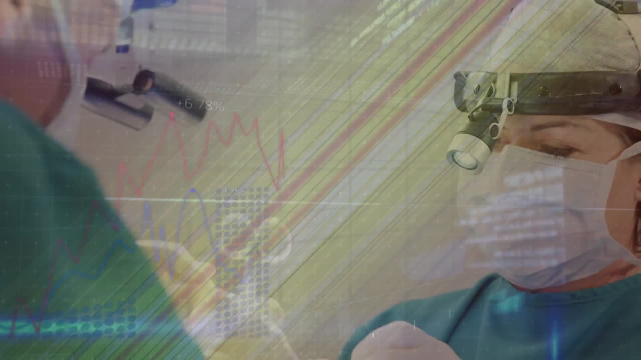 animación de la línea de vida sobre cirujanos caucásicos en el quirófano