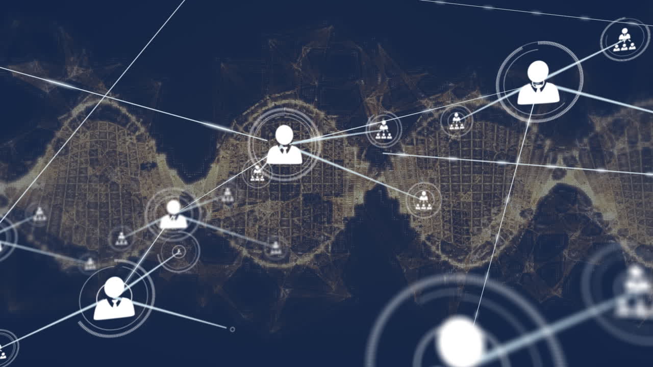 animación de la red de conexiones con las personas iconos sobre la hilera de adn girando