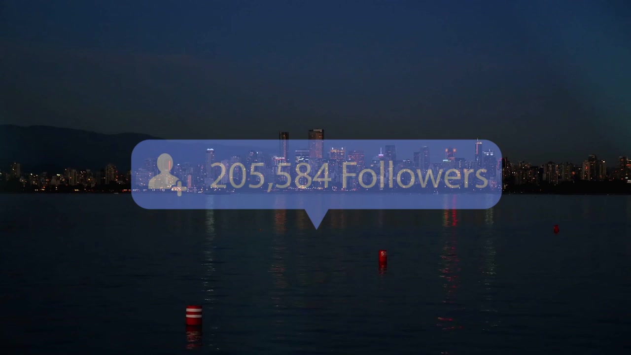 Vertical video: Follower bubble fading in after pause, increasing count to show growth over skyline