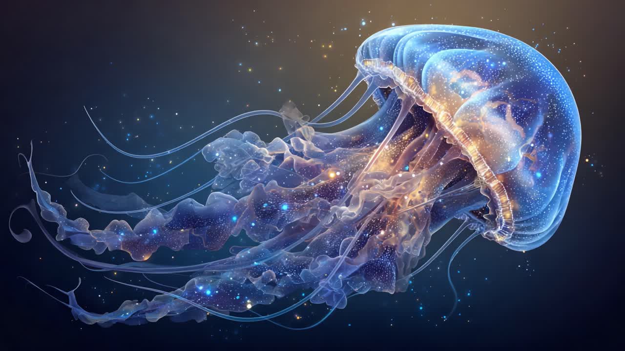 A Mesmerizing Glimpse of a Bioluminescent Jellyfish Gliding Through the Cosmic Ocean, Its Ethereal Glow Illuminating Surrounding Space in a Stunning Display of Nature's Beauty
