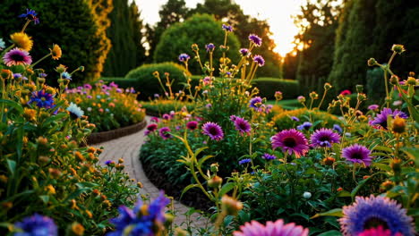 colorful flower garden at sunset