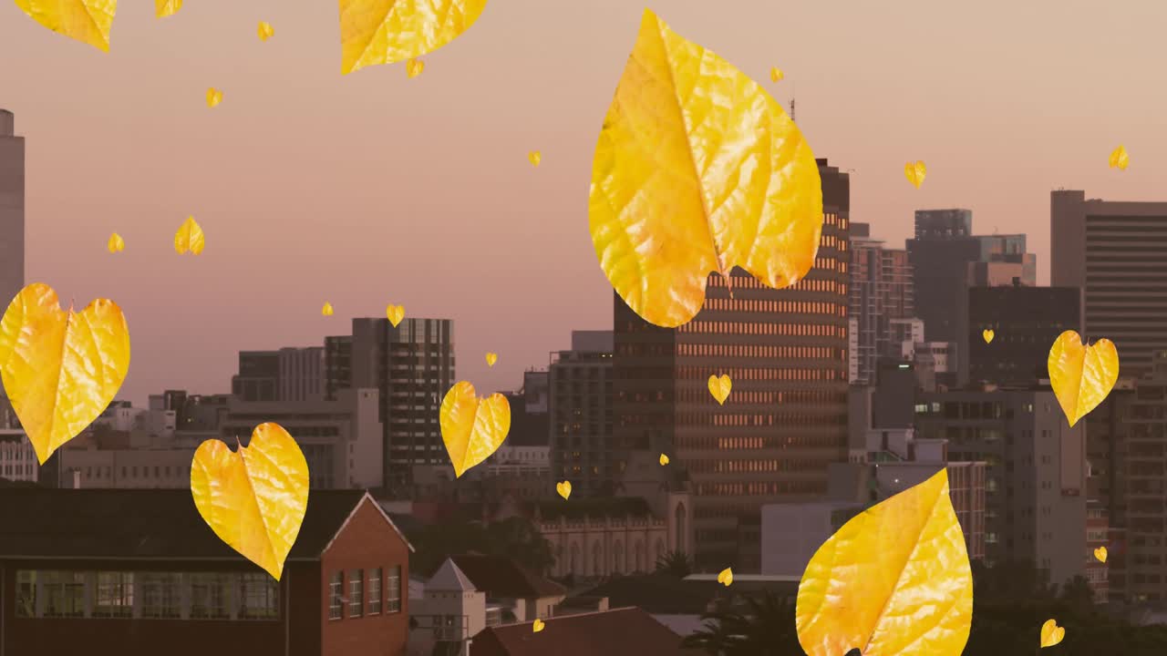 animación de hojas de otoño naranjas que caen sobre el paisaje urbano