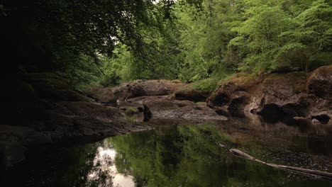 Ein-Wirbelndes-Flussbecken-An-Einem-Sanften-Fluss,-Umgeben-Von-Bäumen