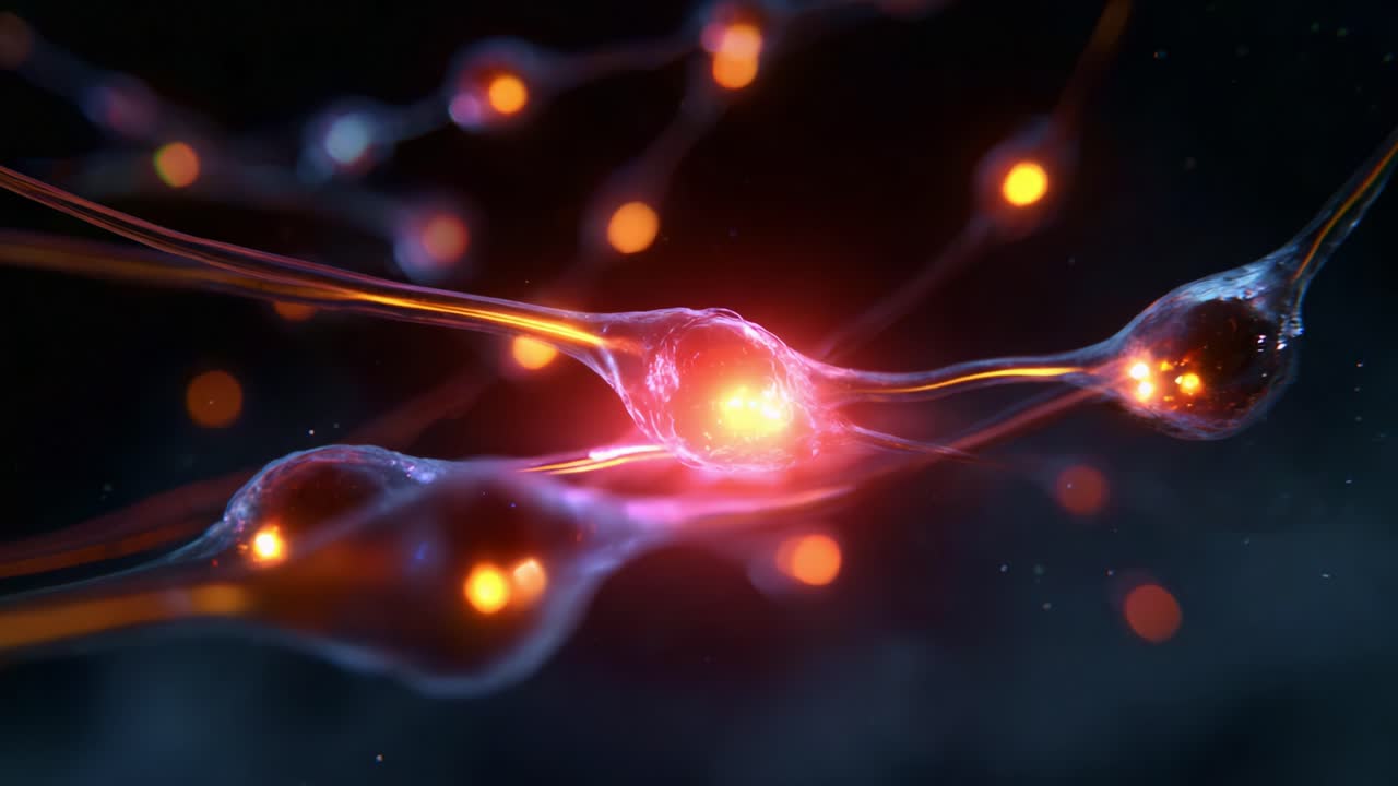 Dynamic Visualization of Neurons Interacting with Synapses Illustrating Neural Connections and Electrical Activity in a Colorful, Luminous Background