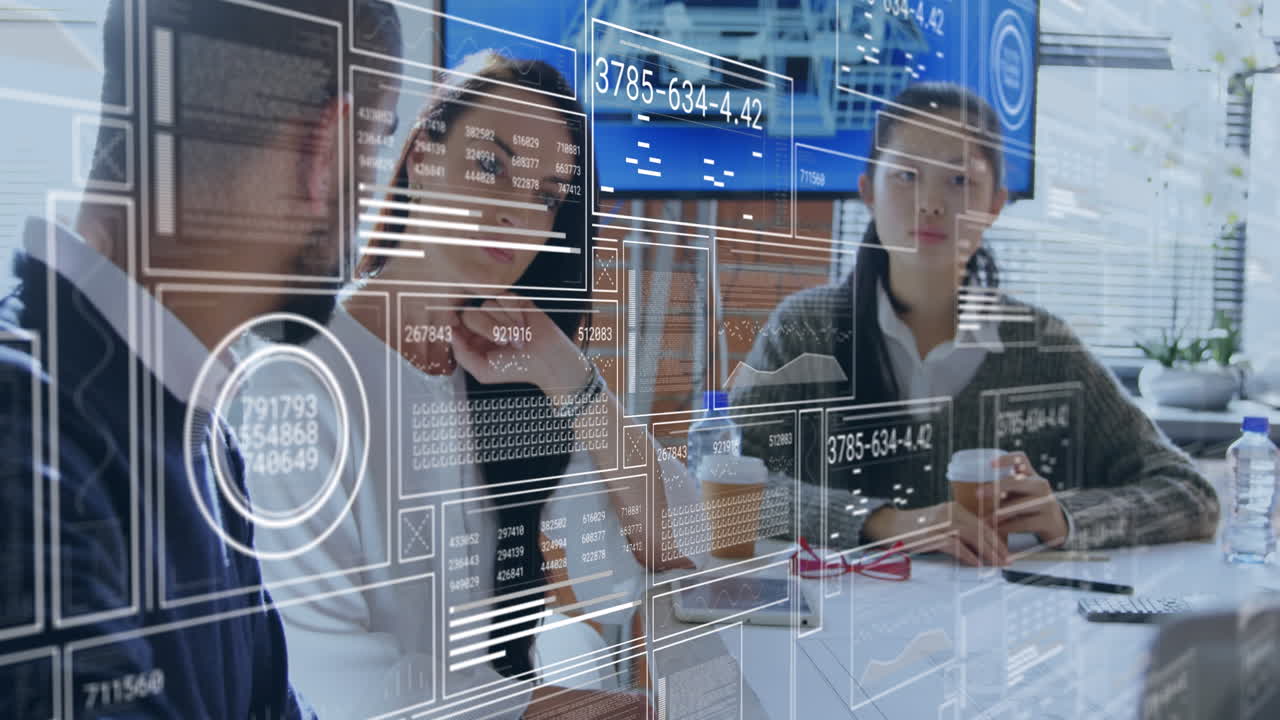 Animation of interface with data processing over diverse colleagues discussing together at office