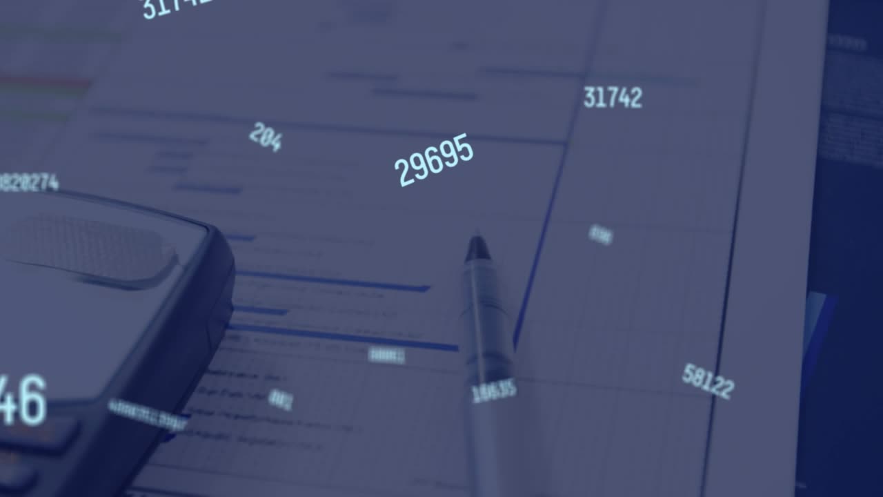 Animation of multiple changing numbers over calculator, pen and documents on a table