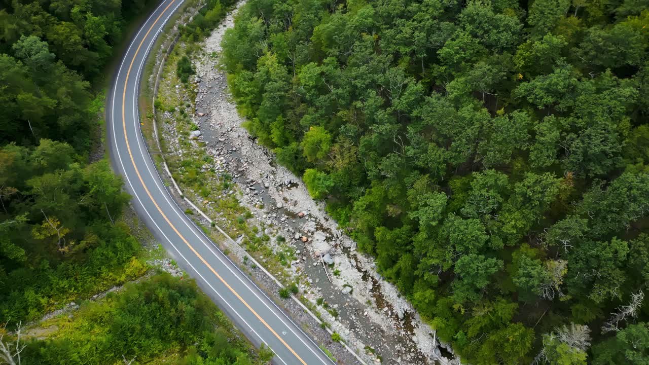 Scenic aerial view of forested road in lush Massachusetts landscape