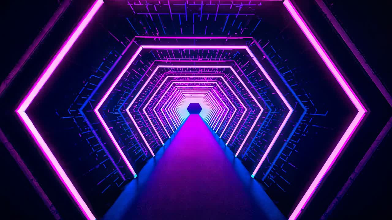 Camera moving forward showing neon hex frames tunnel set, adding depth with runway and cyan rods