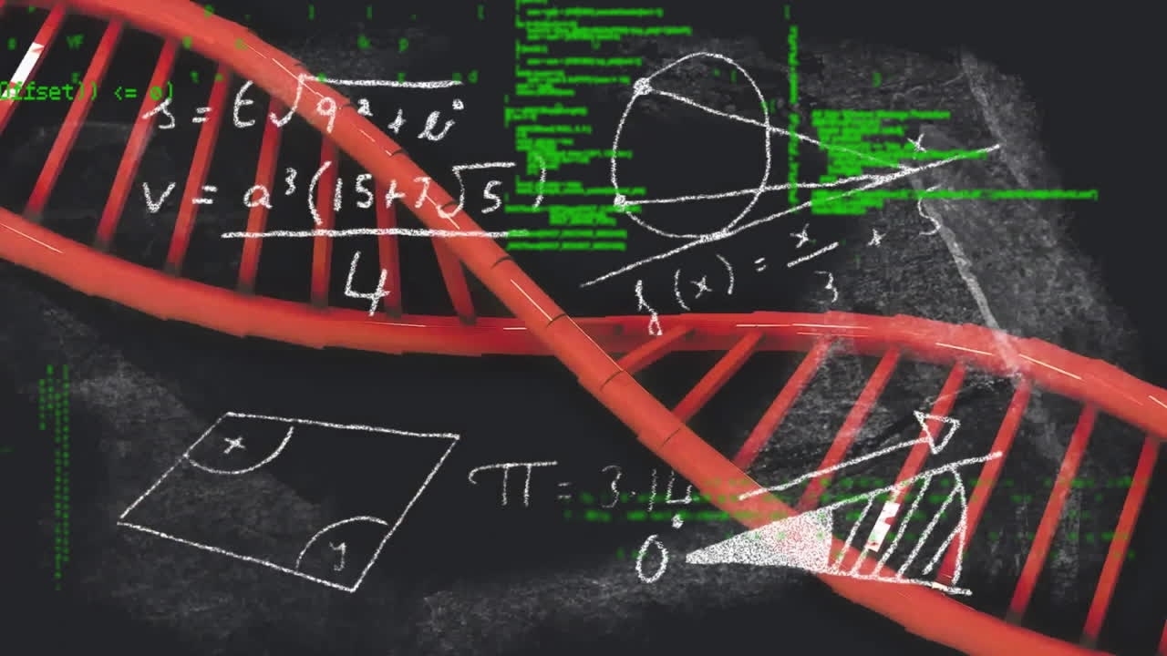 Animazione di filamento di DNA e elaborazione dati su sfondo scuro.