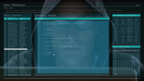 animación del procesamiento de datos en pantallas de computadora sobre un hacker masculino con capucha