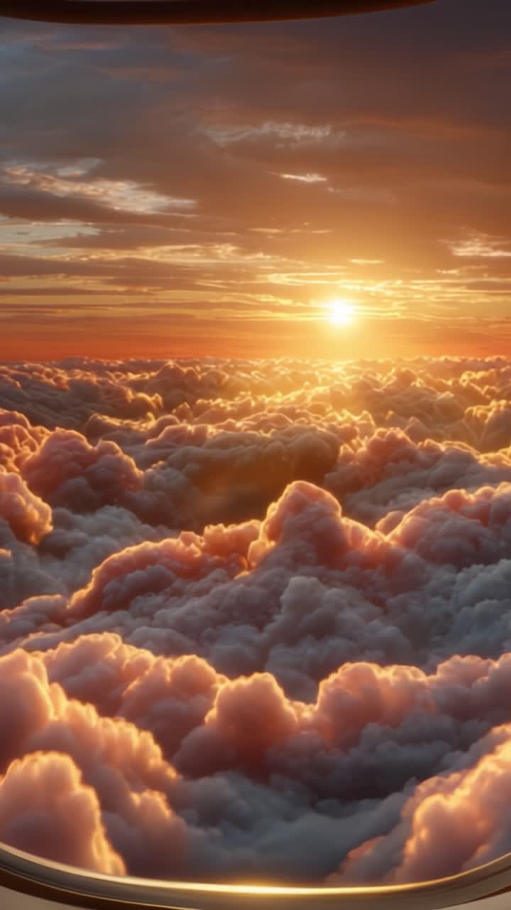 Una vista mozzafiato del tramonto sopra le nuvole con tenui sfumature rosa e arancioni, catturata da un finestrino di un aereo in mezzo a un mare di nuvole soffici.