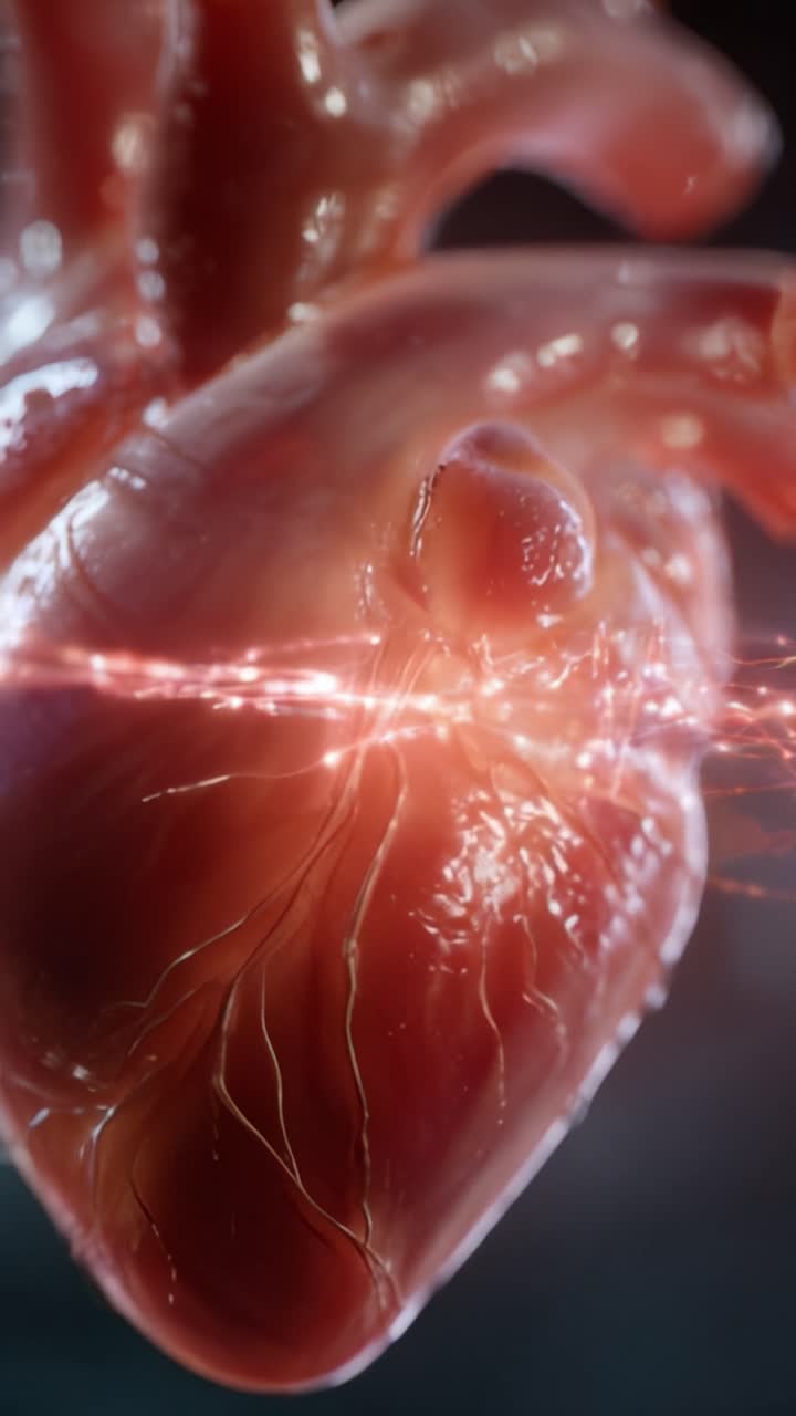 Un primo piano intricato del cuore umano, che mostra le complessità e la bellezza dell'anatomia cardiaca attraverso dettagli vividi ed effetti visivi mozzafiato.