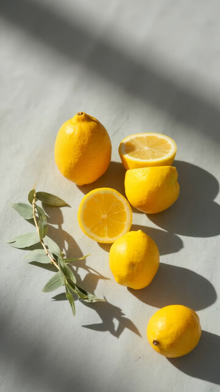 Still Life with Fresh Lemons and Eucalyptus Branch in Sunlight