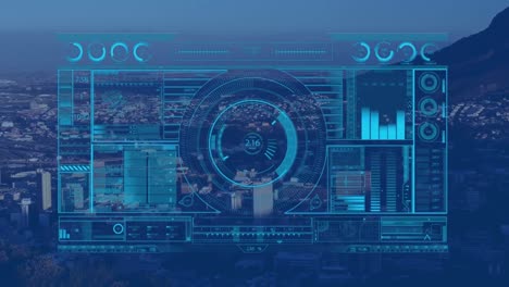 animation of interface with data processing against aerial view of cityscape