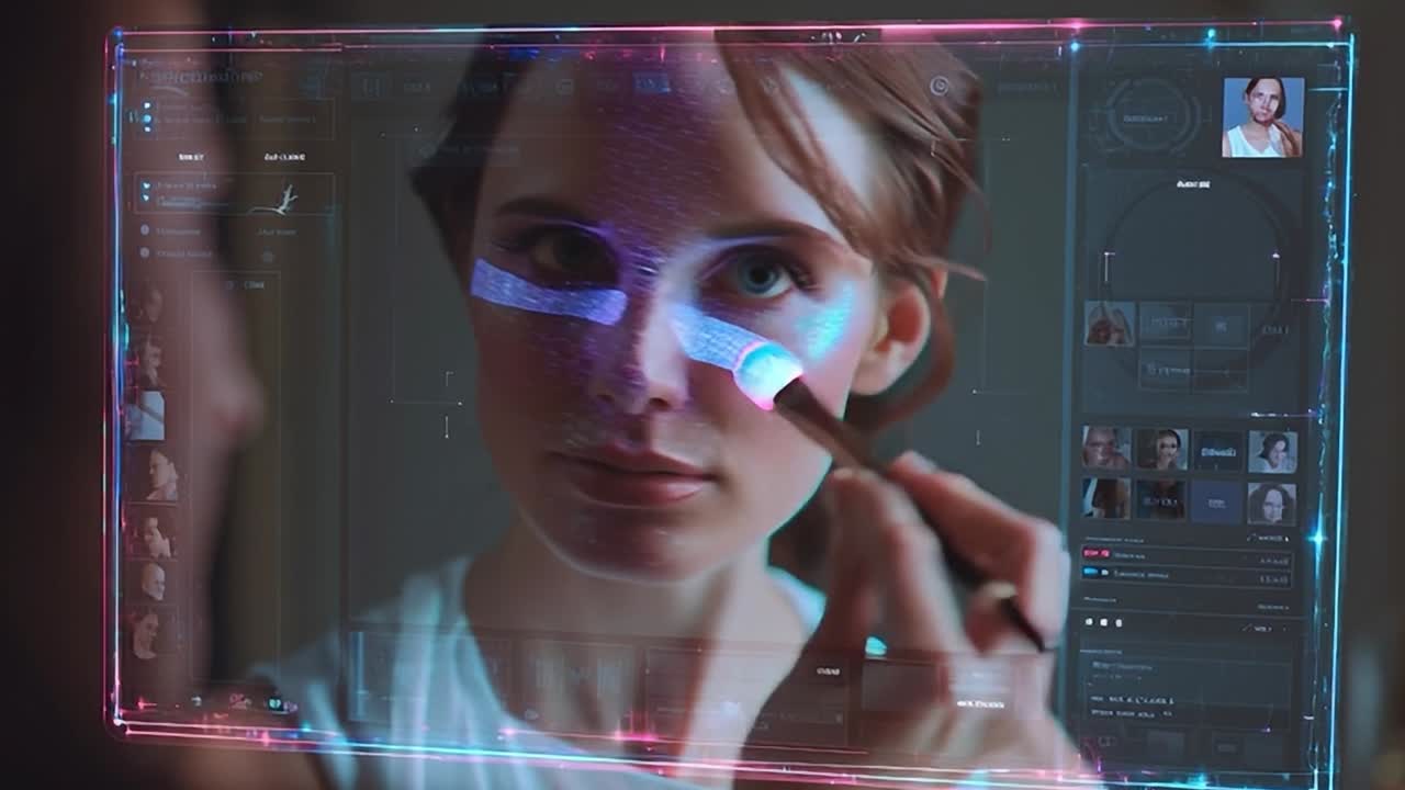 Woman applying makeup with virtual interface displayed in modern setting