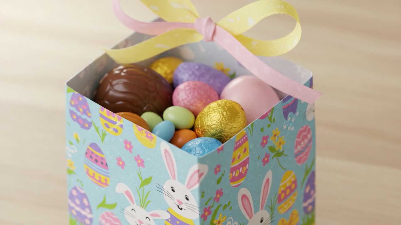 Caixa de presente de Páscoa colorida, cheia de ovos de chocolate e doces sortidos, adornada com uma fita alegre, perfeita para celebrações e festividades de primavera
