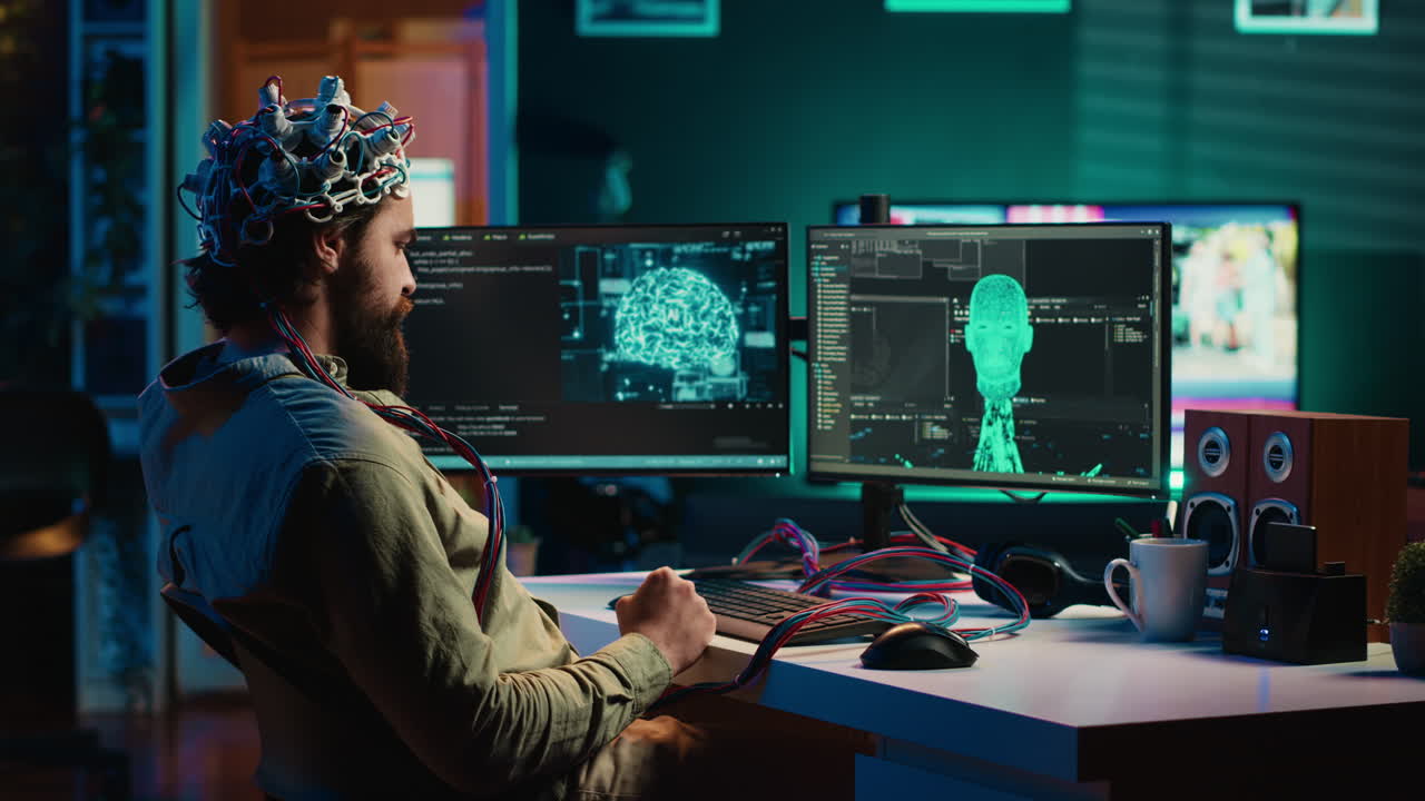 Man using neuroscientific device to transfer consciousness, typing code