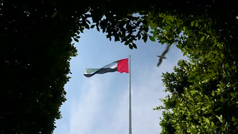 The-UAE-flag-gracefully-waves-in-the-arch-of-green-trees-at-the-Abu-Dhabi-Corniche,-embodying-the-concept-of-a-green-future-in-the-United-Arab-Emirates