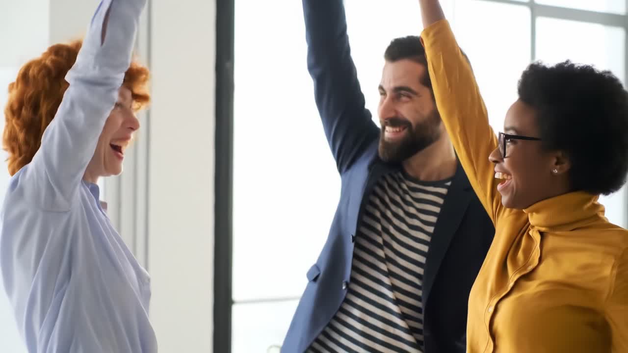Colleagues share a moment of celebration, raising their hands in joy within a vibrant office. The atmosphere is filled with excitement as they acknowledge their achievements together.