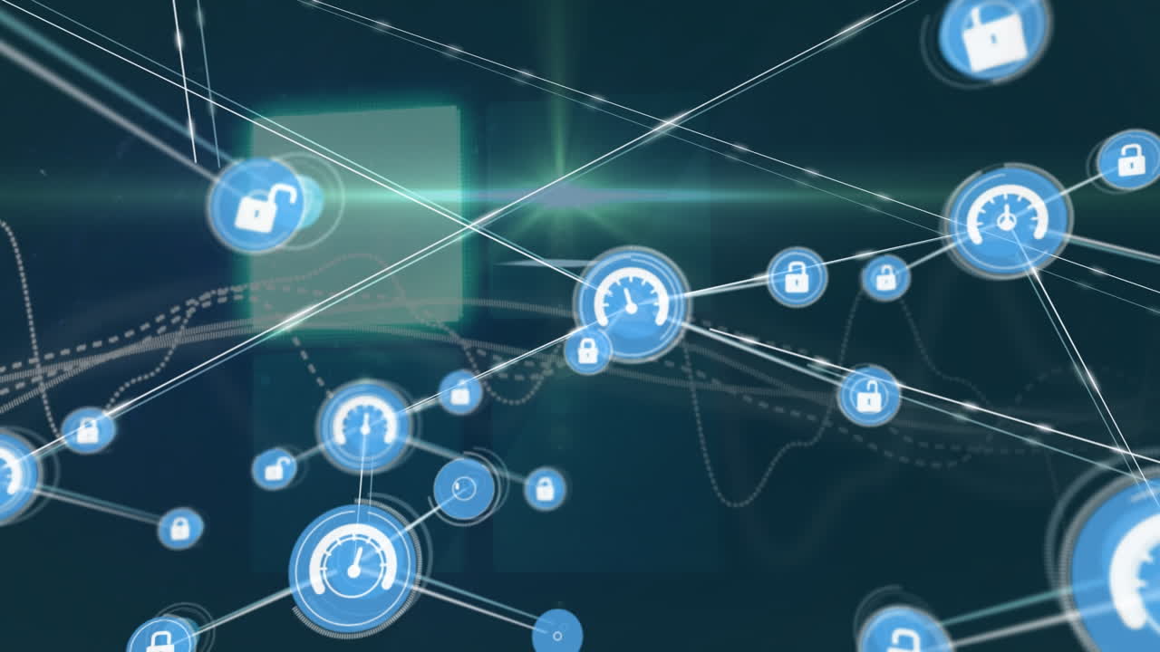 Animation of data processing and icons on blue background