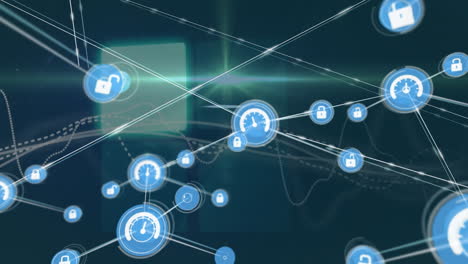 animación del procesamiento de datos e iconos sobre fondo azul