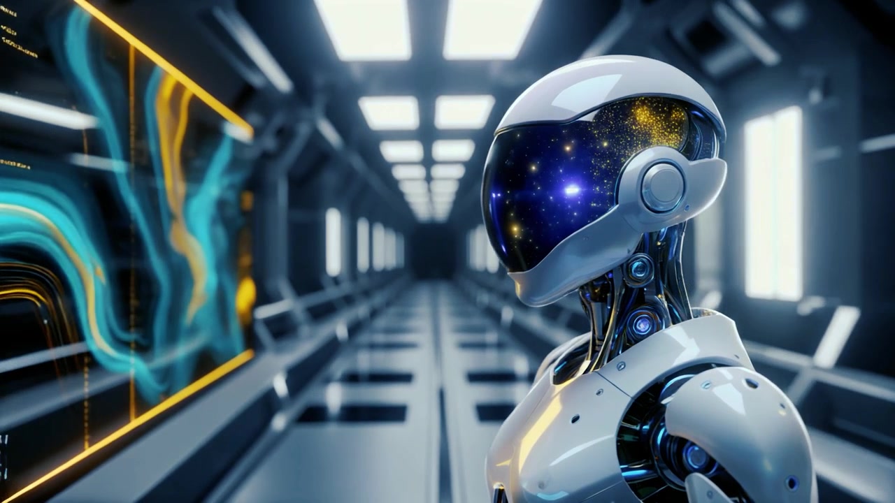 Robot androide futuristico che osserva un display di dati in un corridoio high-tech