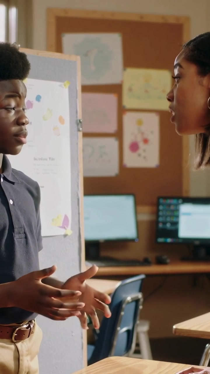 Vertical video: Starting student presenting project to teacher at school tri-fold, copy space