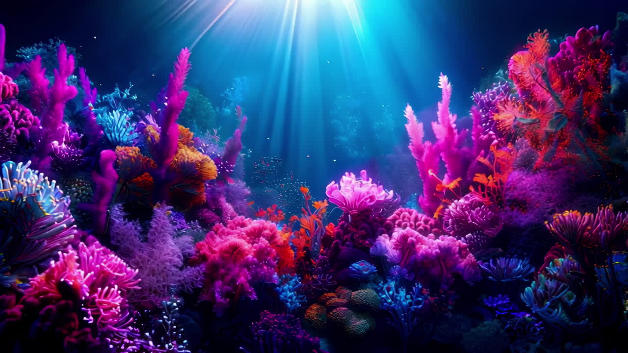 Barriera corallina sottomarina vibrante con coralli colorati e piante marine.