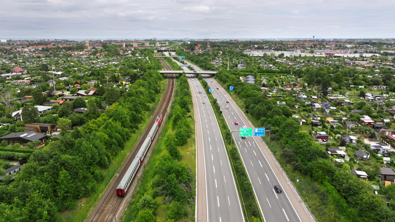 Aerial drone view of the European route E20 on a cloudy day