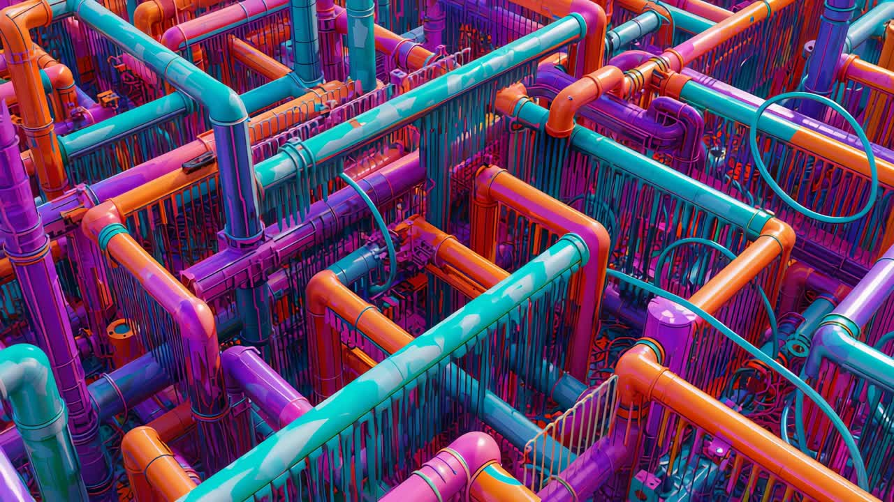 Panning camera showing colorful pipes with T-joints and hoop at art installation, capturing drips