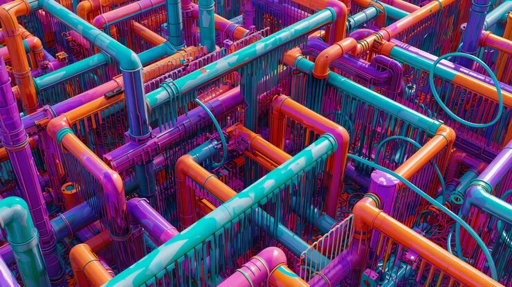 Panoramica con la fotocamera su tubi colorati con giunti a T e cerchio in un'installazione artistica, catturando le gocce
