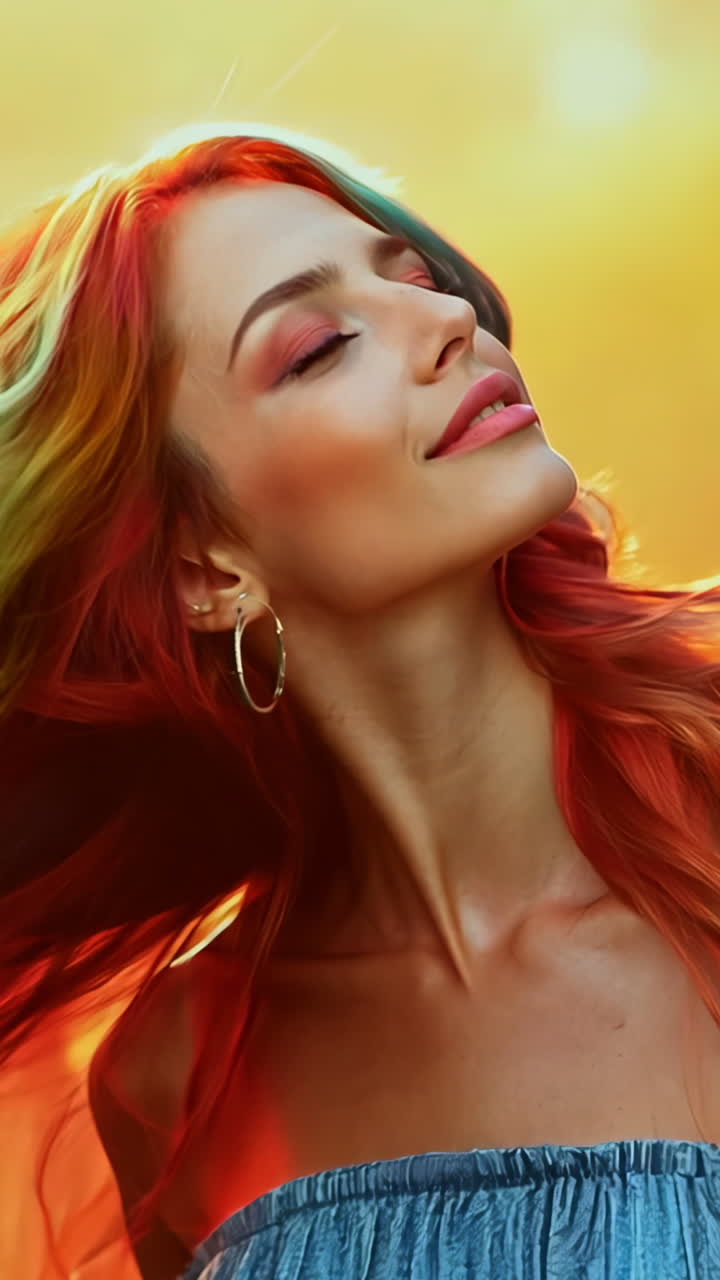 A woman with long red hair and blue and purple streaks in her hair is smiling. She is wearing a blue dress and has earrings