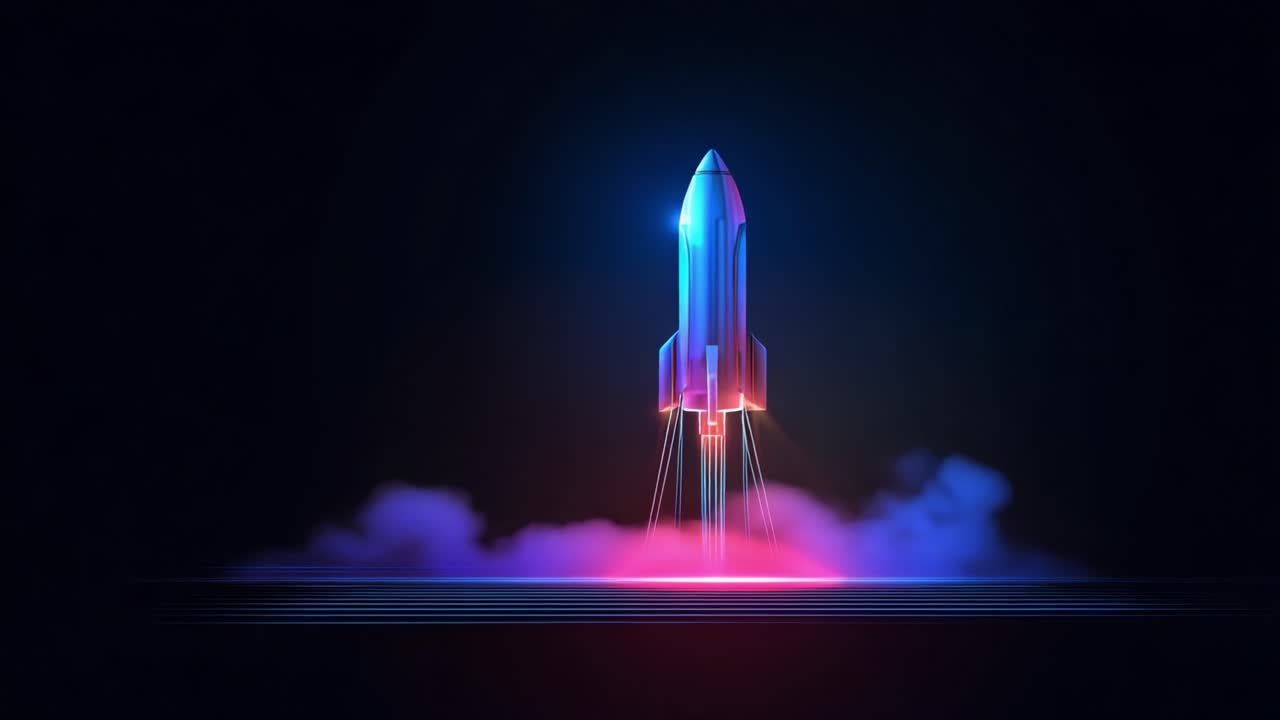 Stunning neon rocket ship preparing for launch on a dark background. Powerful futuristic technology with vibrant blue and pink glowing lights and thick smoke enveloping the launchpad