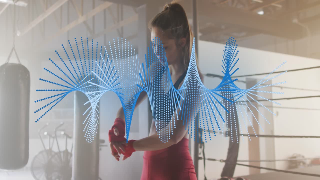 animación de cadena de adn sobre mujer caucásica haciendo ejercicio en el gimnasio