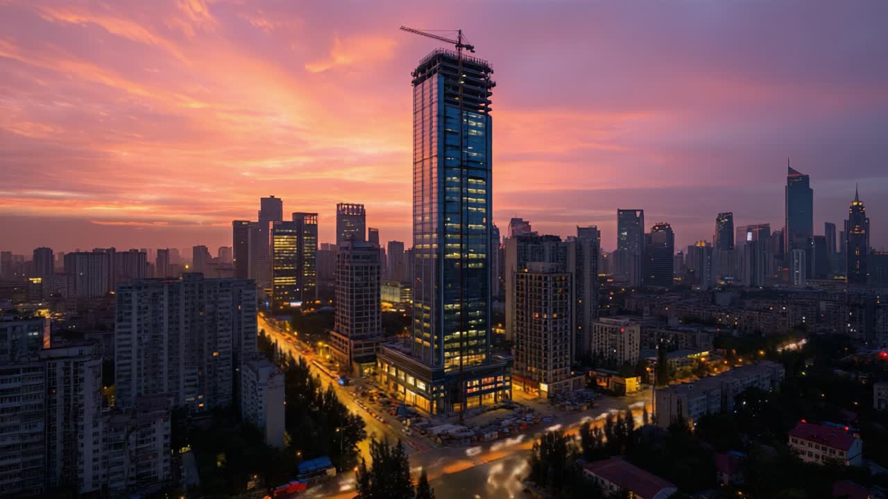 Uma Transição Cativante: Um Arranha-céu Majestoso Iluminado pelo Pôr do Sol e Anoitecer com a Vida Urbana Agitada na Paisagem Urbana Circundante