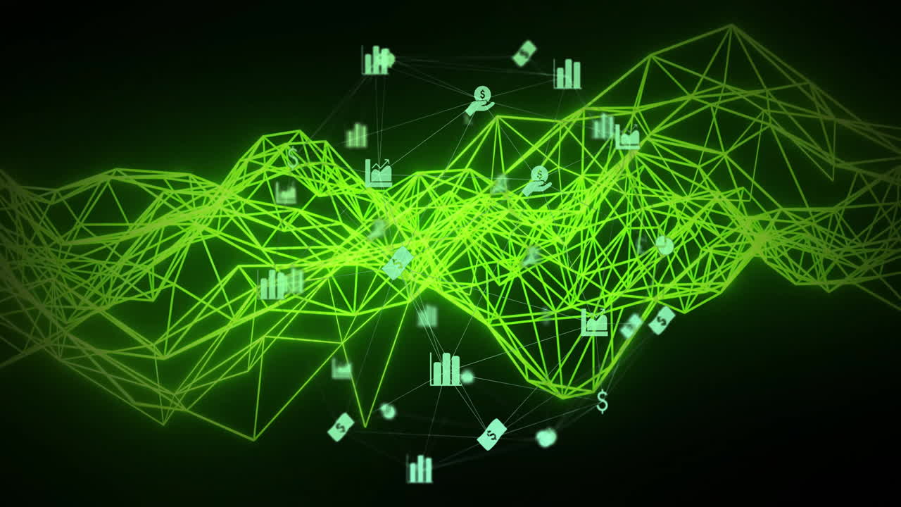 Green network of connections and data processing animation over financial icons