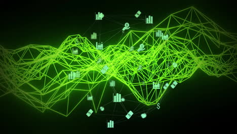 green network of connections and data processing animation over financial icons