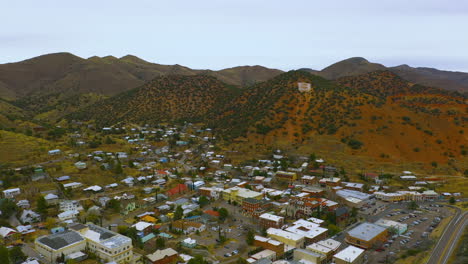 bisbee arizona rooftops and skyline, wide angle drone backwards