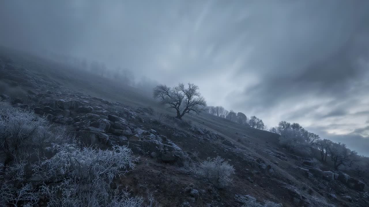 Panning camera filming lone bare tree on frosty slope, with frosted shrubs and wind-swept mist