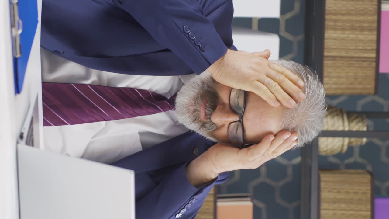 노인 사업가의 수직 비디오는 흥분으로 노트북 화면을 보고 있습니다.