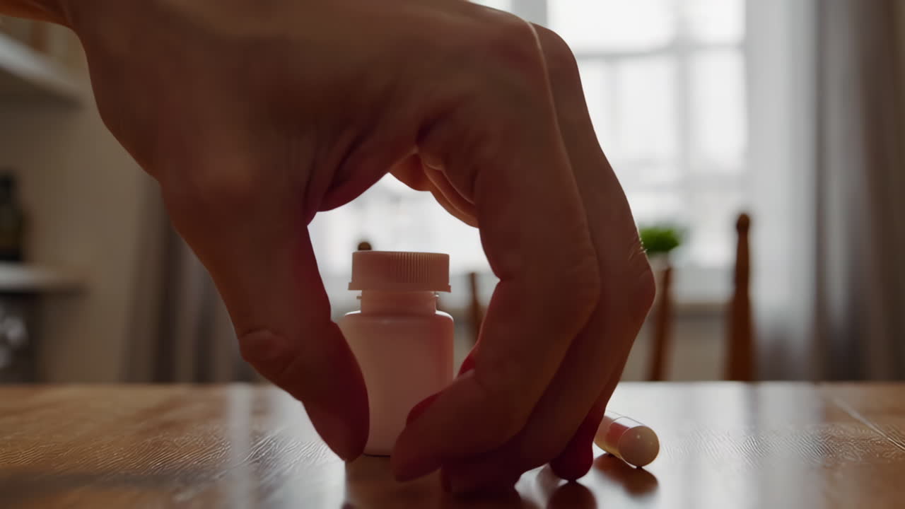 Hand taking a bottle of pills on a wooden table in a kitchen.