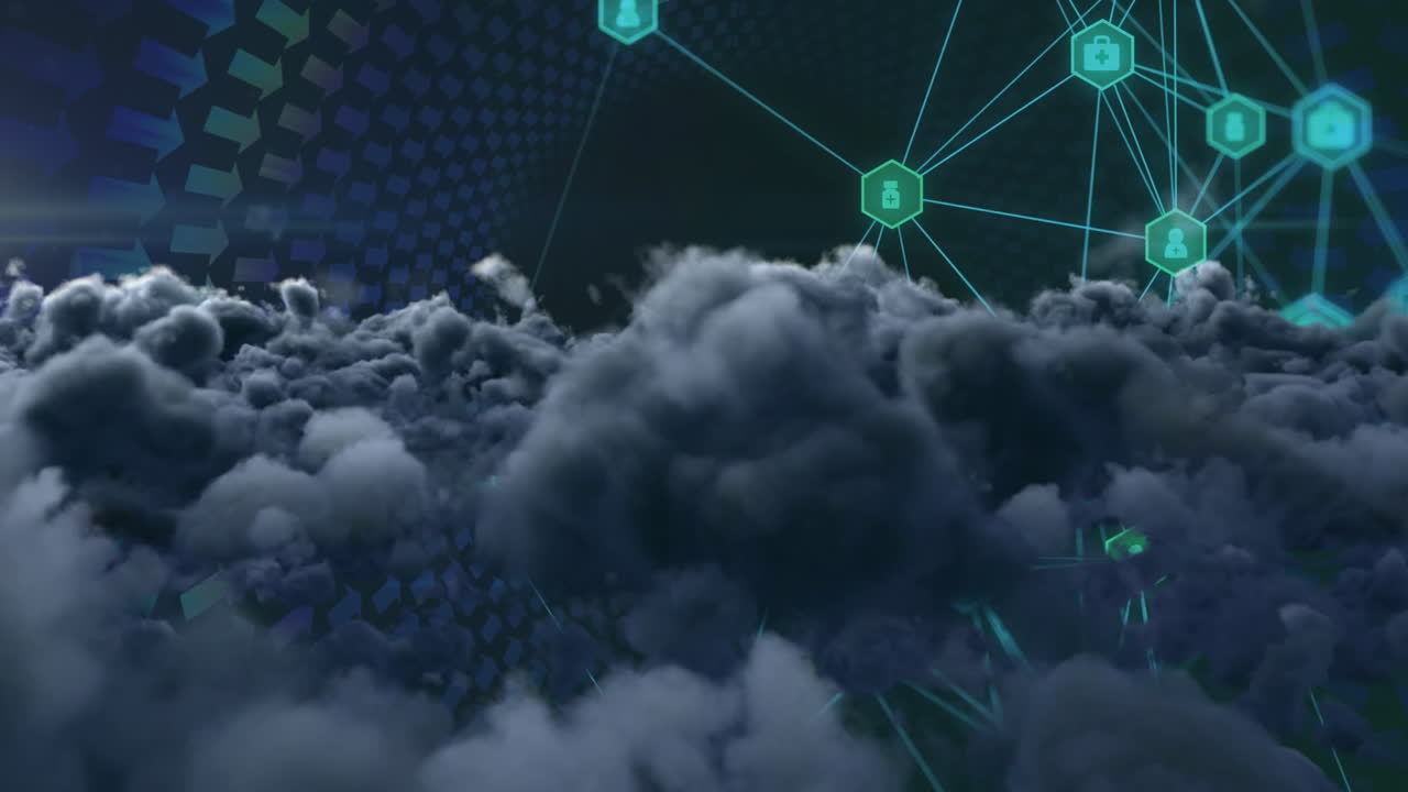 Merging clouds with digital network in abstract animation technology concept